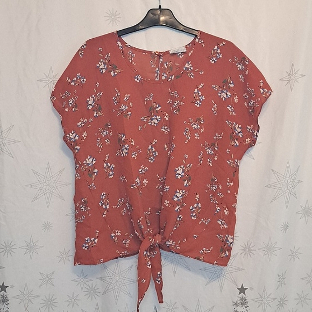 Sienna Sky Short Sleeve Front Tie Orange Floral Top Size S